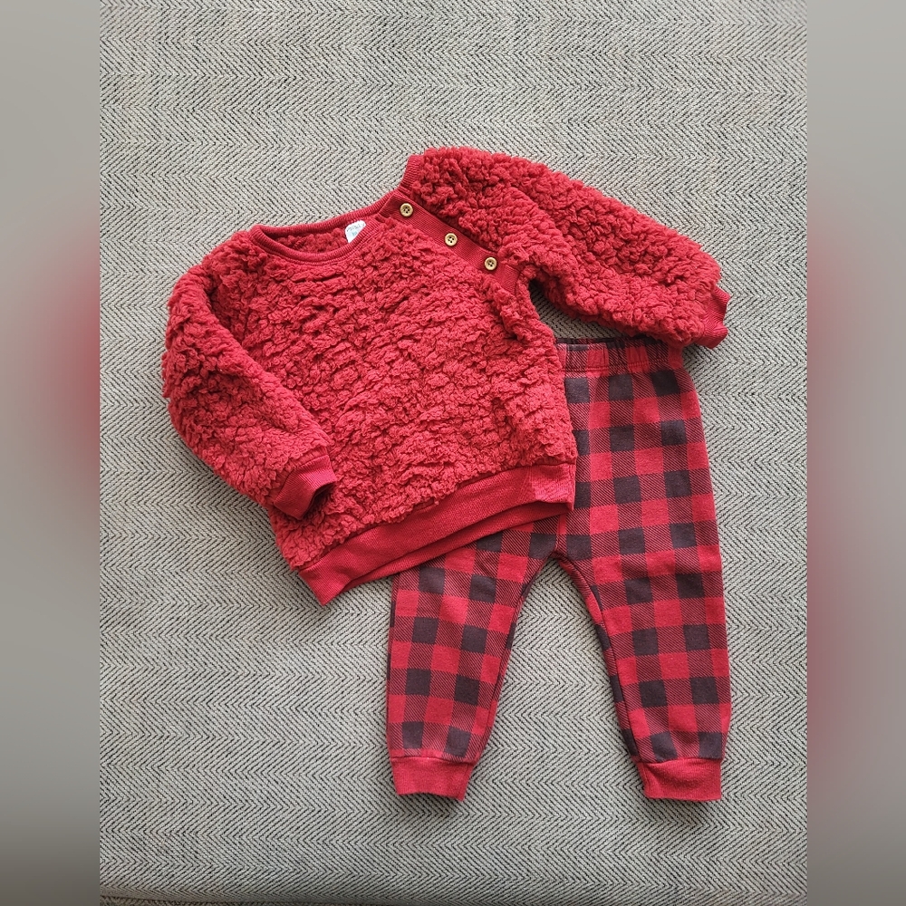 Petite Lem 18m Cozy Red Sherpa Set with Buffalo Plaid Pants